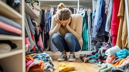 A woman crouching in a closet surrounded by piles of folded and hanging clothes, appearing to choose or sort garments.
