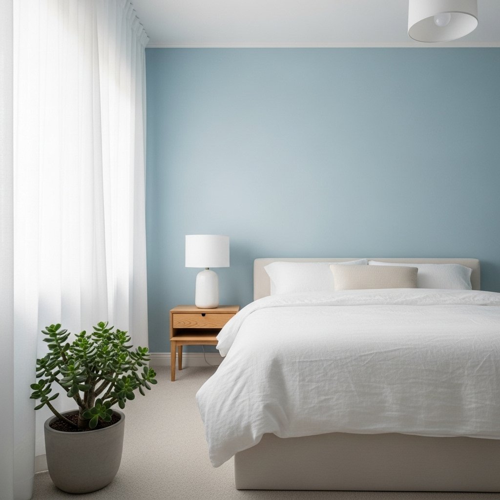 Minimalist bedroom with a light blue wall, white curtains, a white bed with a beige pillow, a wooden nightstand, a white table lamp, and a potted jade plant.