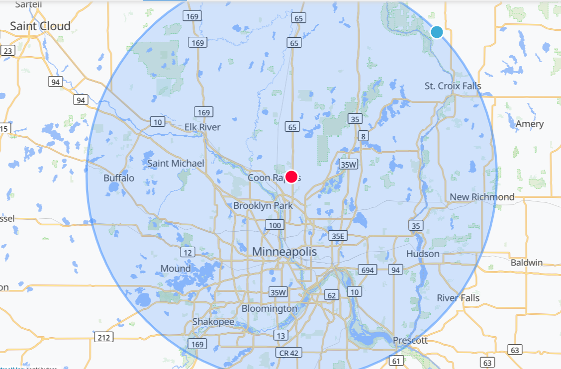 A map of the Minneapolis, Minnesota area with a blue coverage circle centered on the city, showing surrounding towns and lakes.
