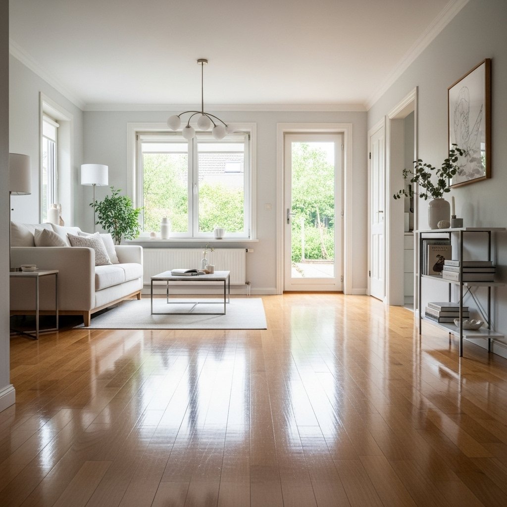 Bright and minimalist living room with large windows, white sofa, wooden floors, and modern decor.