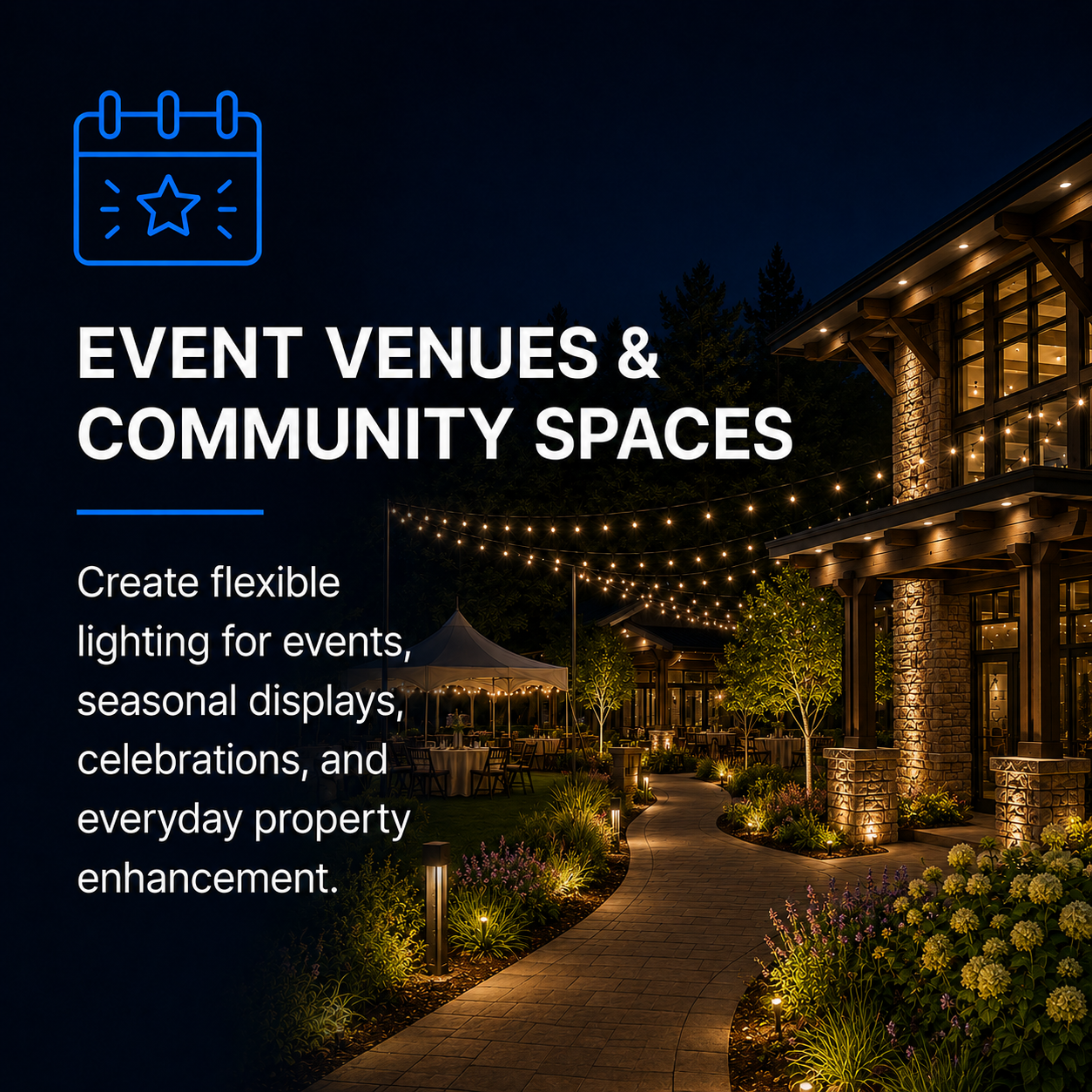 Nighttime outdoor event space with string lights, trees, and a modern building, promoting event venues and community spaces with flexible lighting for various occasions.