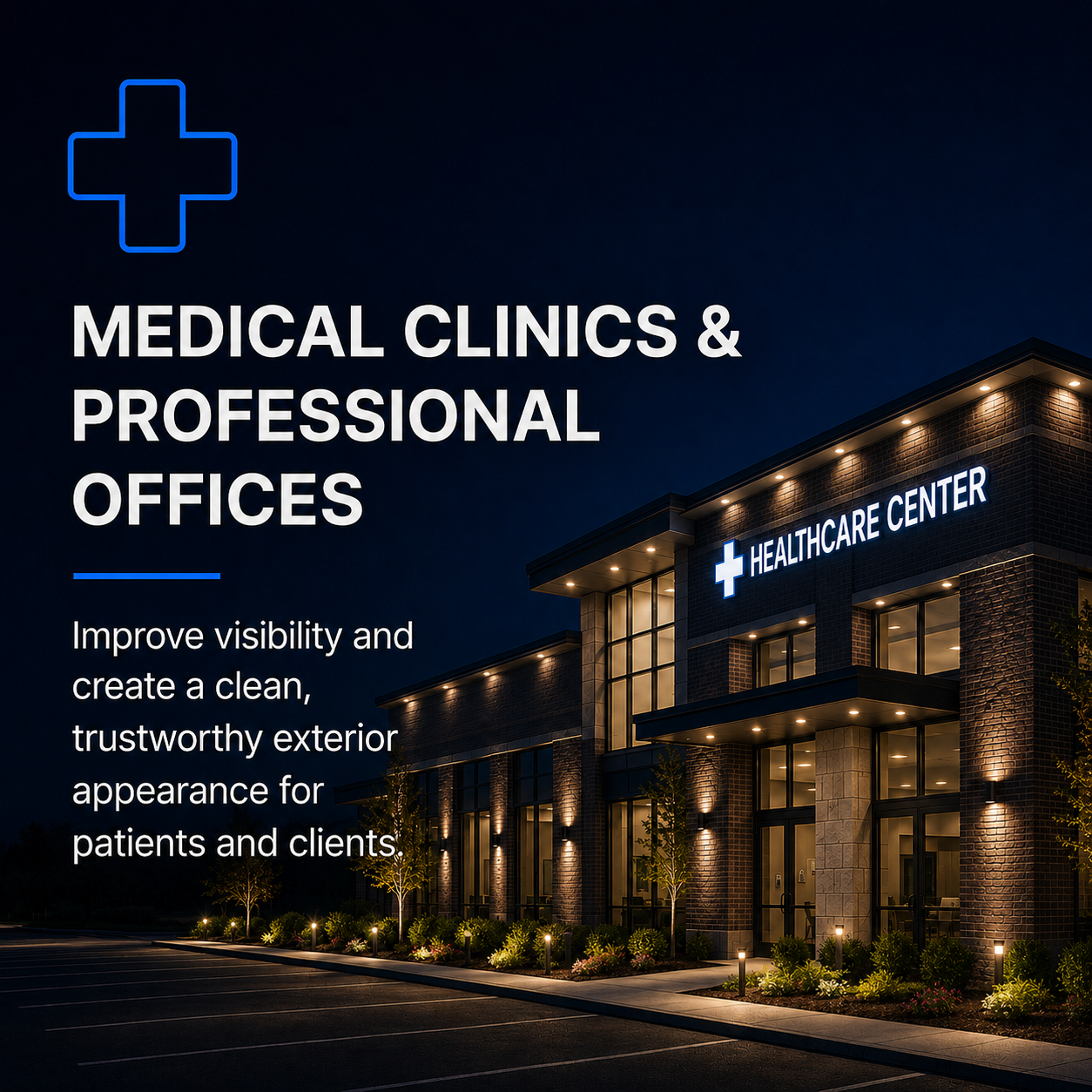 Night view of a healthcare center building with illuminated sign and exterior lights, promoting medical clinics and professional offices.