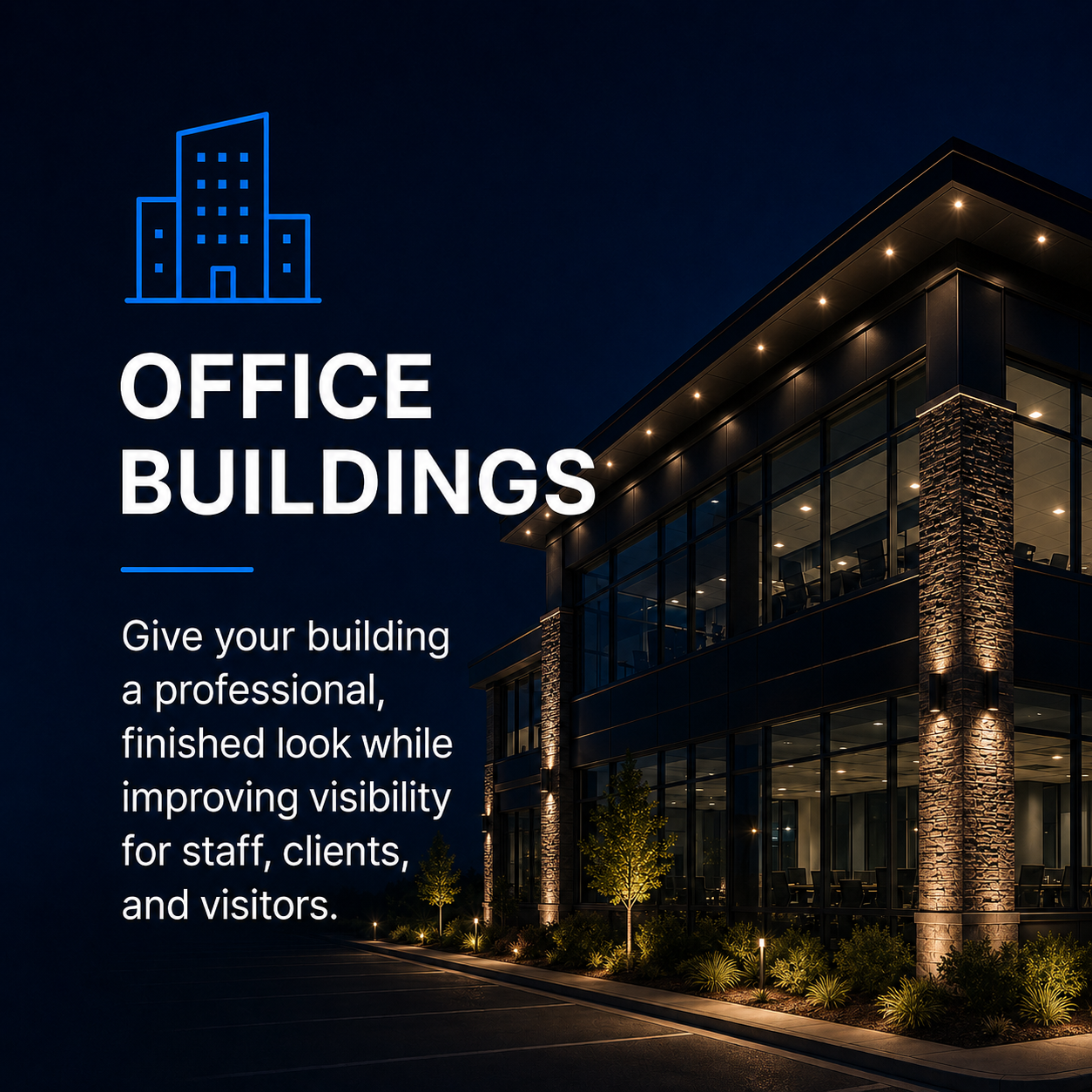 Night view of a modern office building with glass windows and exterior lighting, with promotional text for office building services.