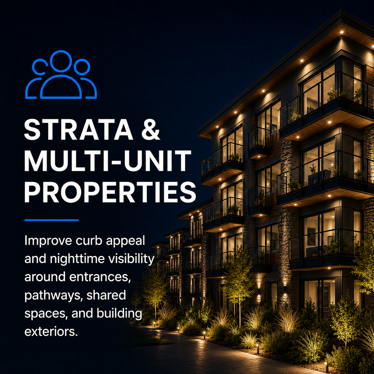 Nighttime exterior view of a modern multi-unit apartment building with lit balconies and landscaped grounds