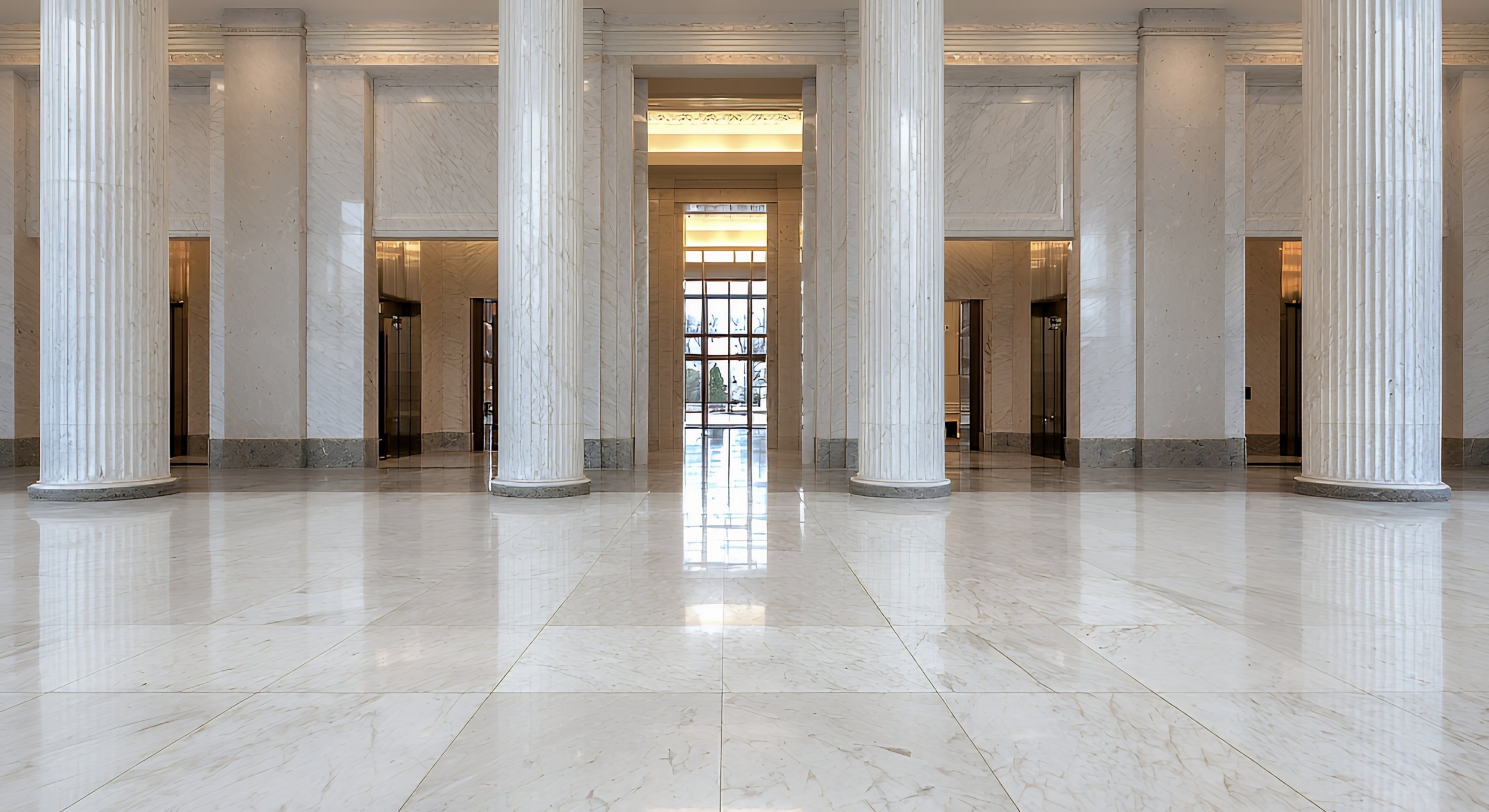 Interior view of a marble lobby with large fluted columns, glass doors, and a shiny marble floor, with natural light coming through the windows.