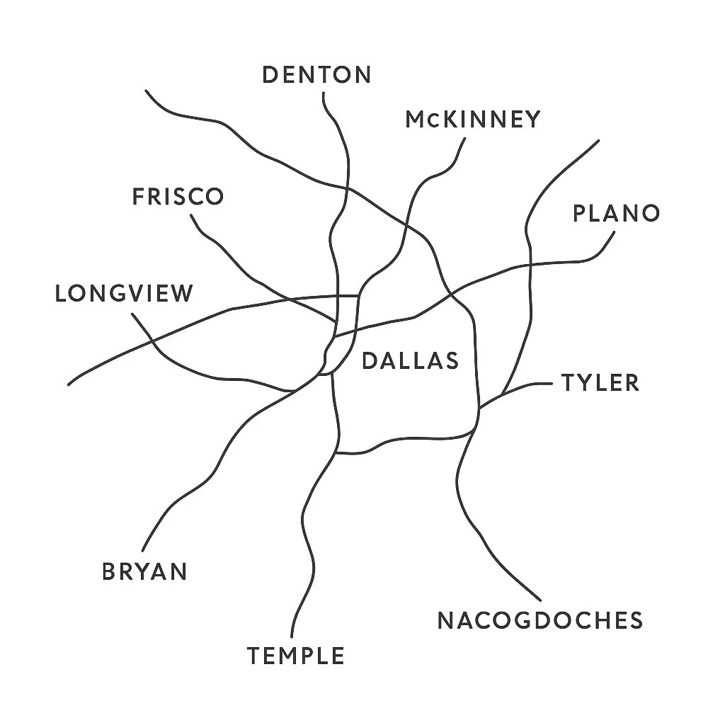 Map of Dallas, Texas with neighborhood names labeled, including Denton, McKinney, Plano, Tyler, Nacogdoches, Temple, Bryan, Longview, Frisco, and others, with roads connecting the areas.