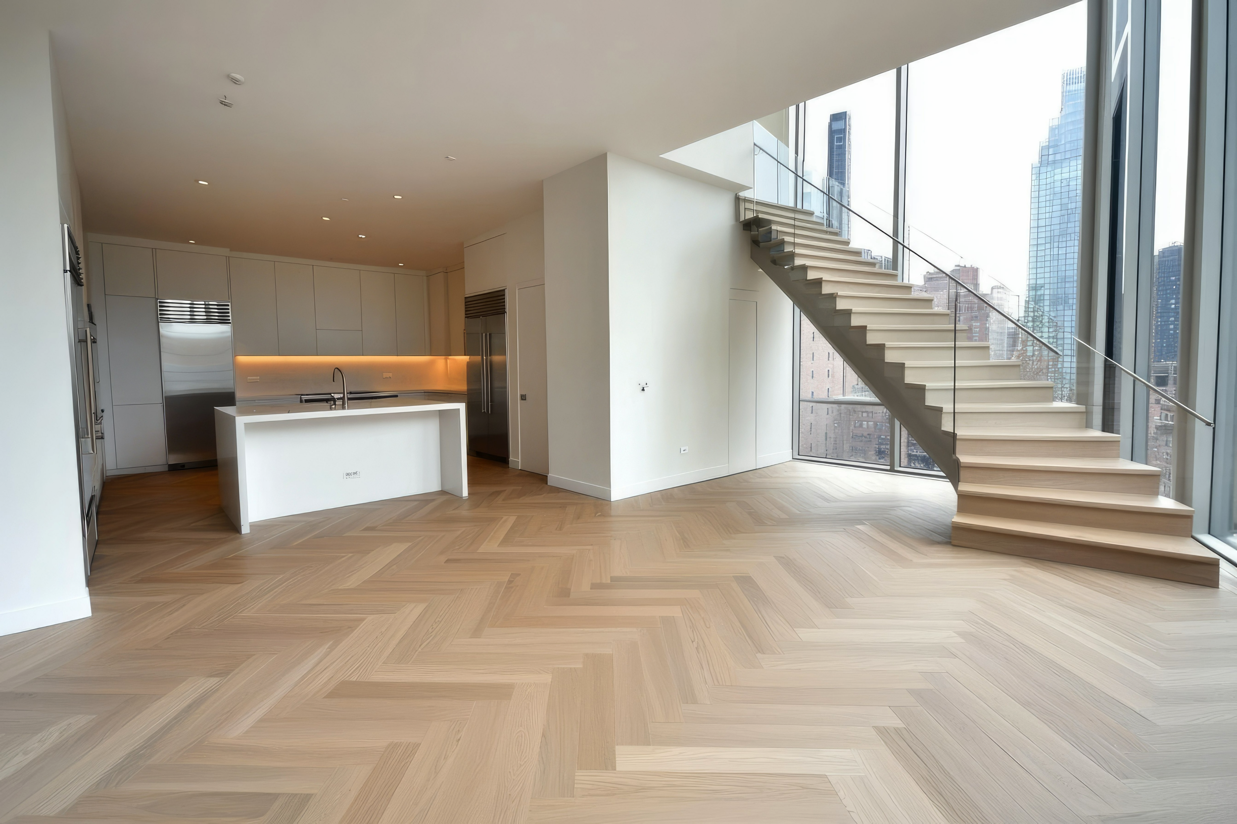 Modern interior space featuring a kitchen with white cabinetry, a kitchen island with a sink, built-in appliances, and a large staircase with glass railing adjacent to floor-to-ceiling windows showing city skyscrapers.