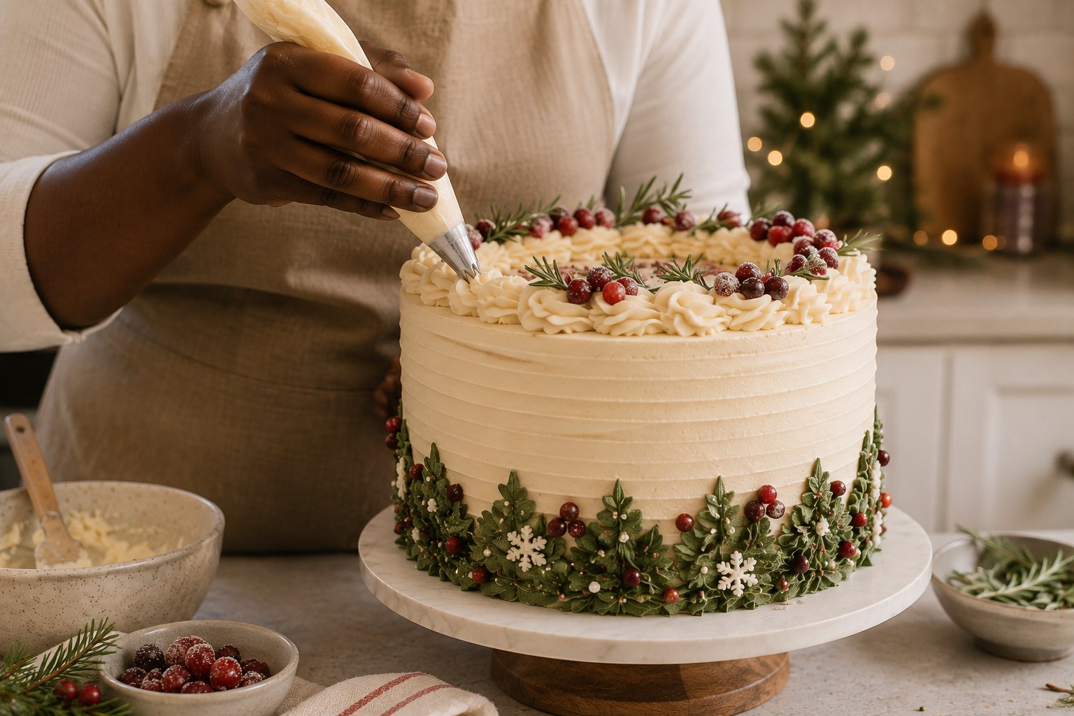 Pastry chef decorating a cream and green holiday cake