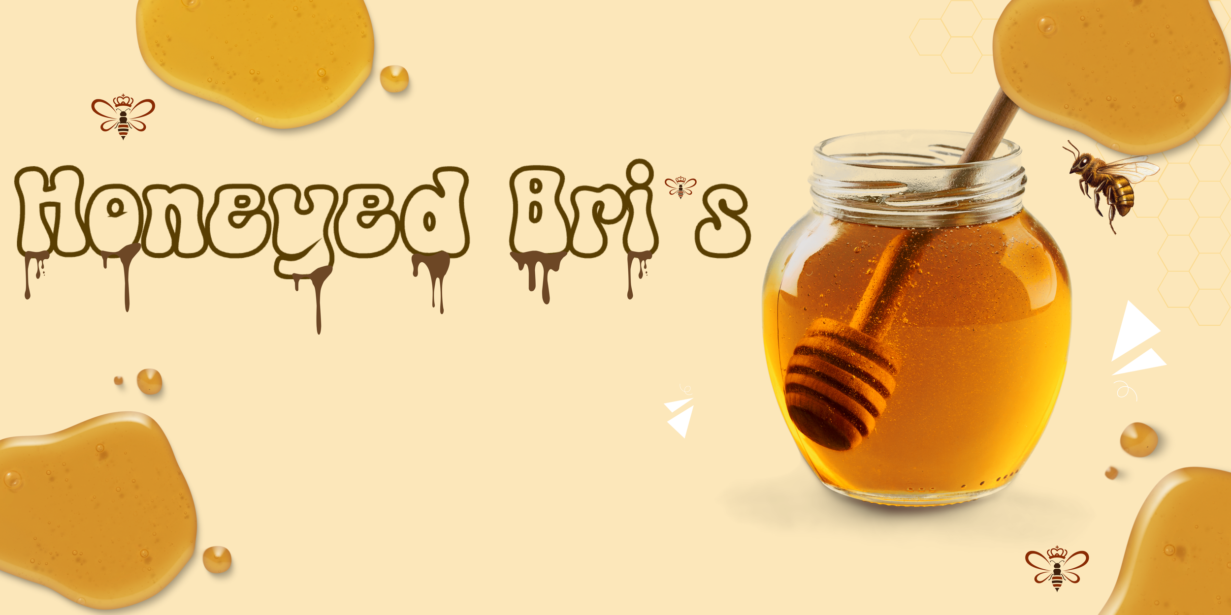 A jar of honey with a honey dipper inside, surrounded by honey droplets and bees, with the words 'honeyed' in a playful, honey-like font.