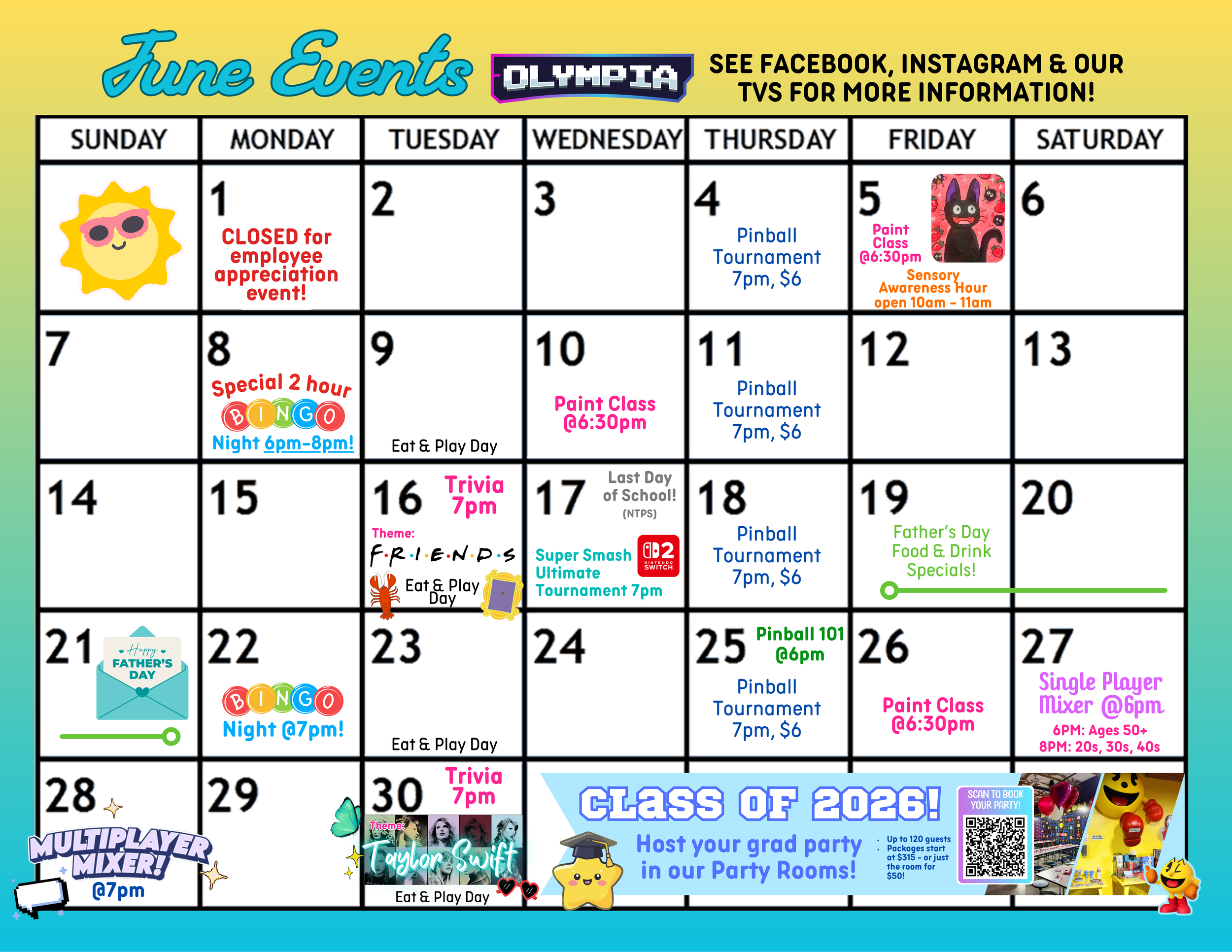 Monthly calendar of June events at Olympia. Events include employee appreciation, bingo night, trivia night, paint classes, pinball tournaments, Father's Day specials, and a class of 2026 celebration. Each event is marked with different icons, colors, and times.