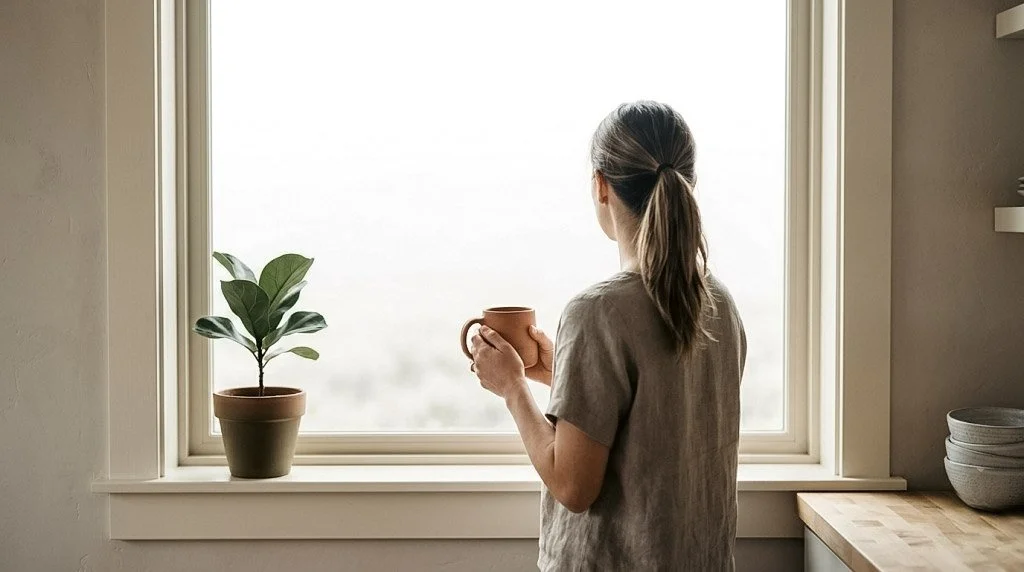 A woman with a ponytail looking out a window while holding a mug inside a cozy home.