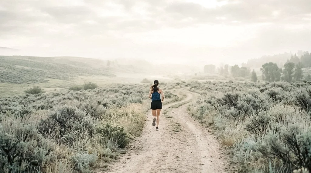 A woman jogging on a dirt trail through a wide, open, hilly landscape with shrubs and trees, under a cloudy sky.