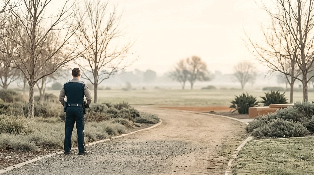 A police officer standing on a paved park path, looking toward a serene, open landscape with trees and grass.