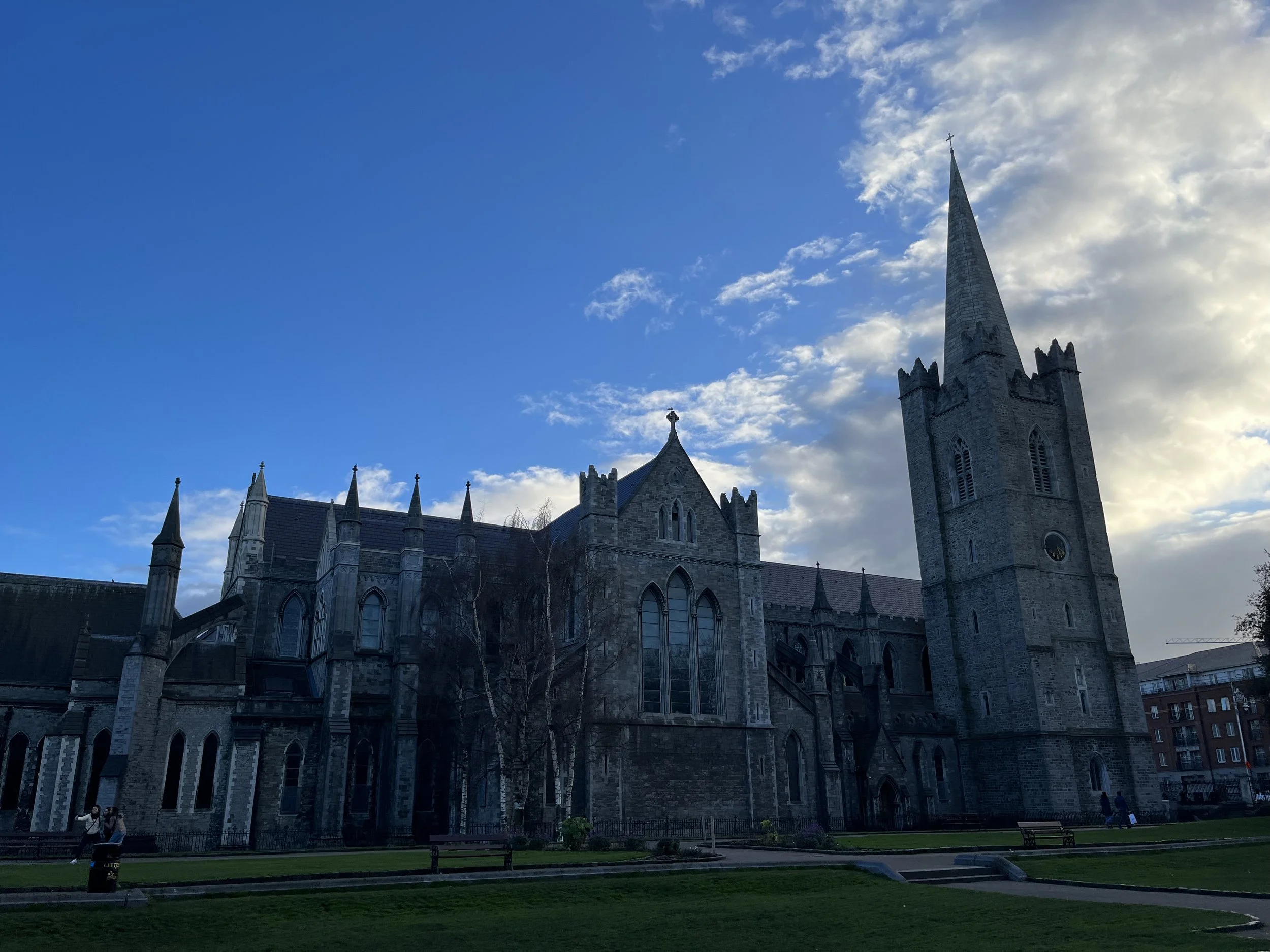 The large gray stone Gothic St. Patrick's Cathedral in Dublin, Ireland with a tall steeple against a partly cloudy blue sky, with a small green park in the foreground.