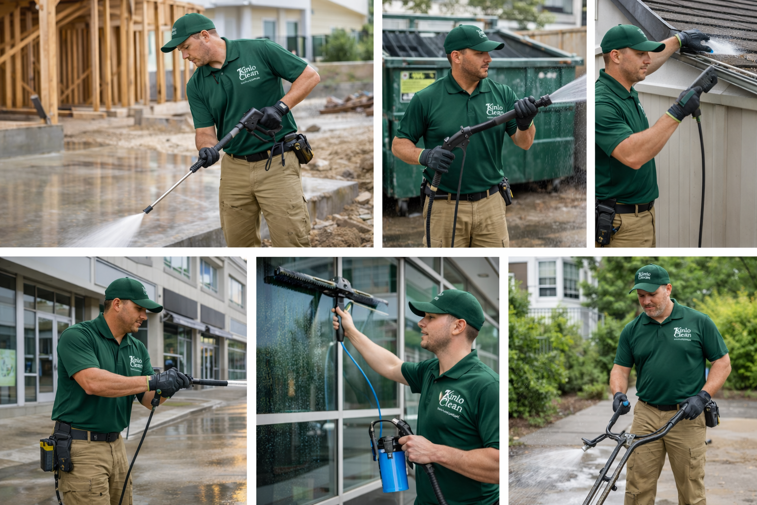 A collage of six photos showing a man in a green polo shirt, khaki pants, and black gloves performing various commercial cleaning tasks. He is using different equipment including power washers and a squeegee on windows, walls, roofs, and outdoor surfaces.