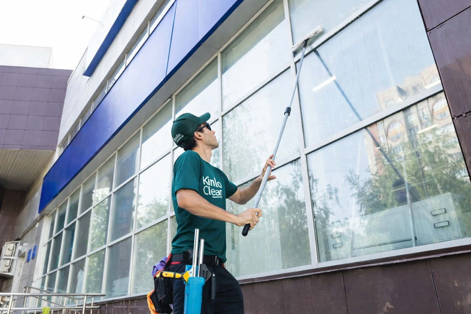 A window cleaner on a belt is using a long squeegee to clean large glass windows on a building.
