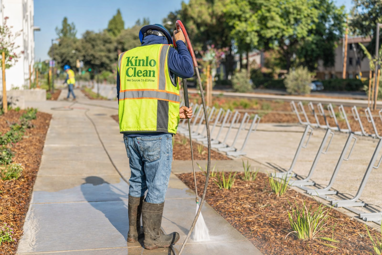 A worker in a neon yellow vest and jeans is power washing a sidewalk in a park or landscaped area. There are young plants and mulch to the side, and another worker is visible in the background.