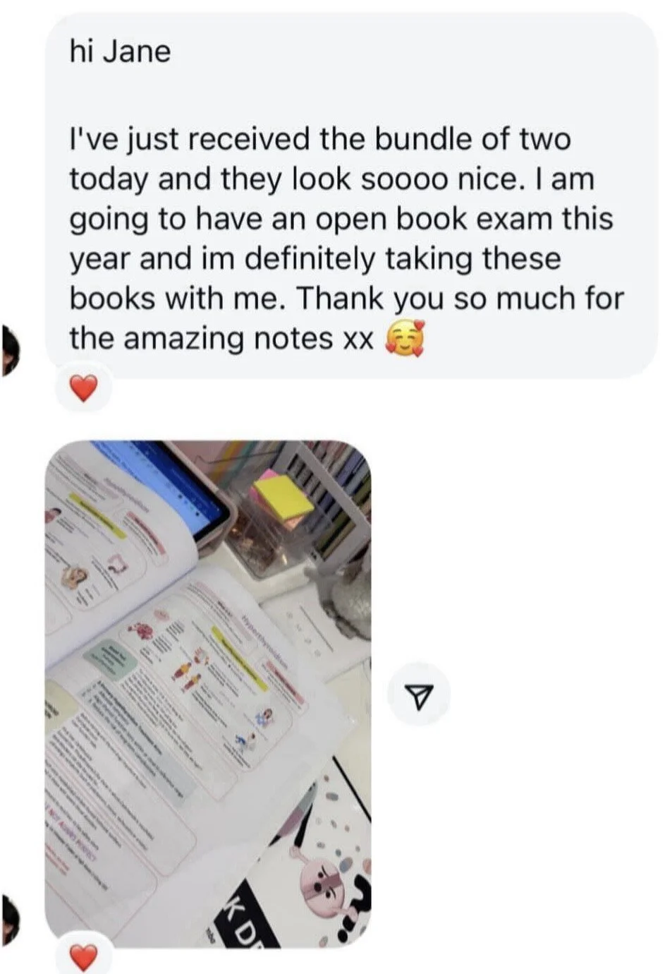 A smartphone displaying a social media message, a handwritten note expressing gratitude for receiving books and notes, and an open book with highlighted sections and illustrations on a desk with colorful sticky notes and office supplies.