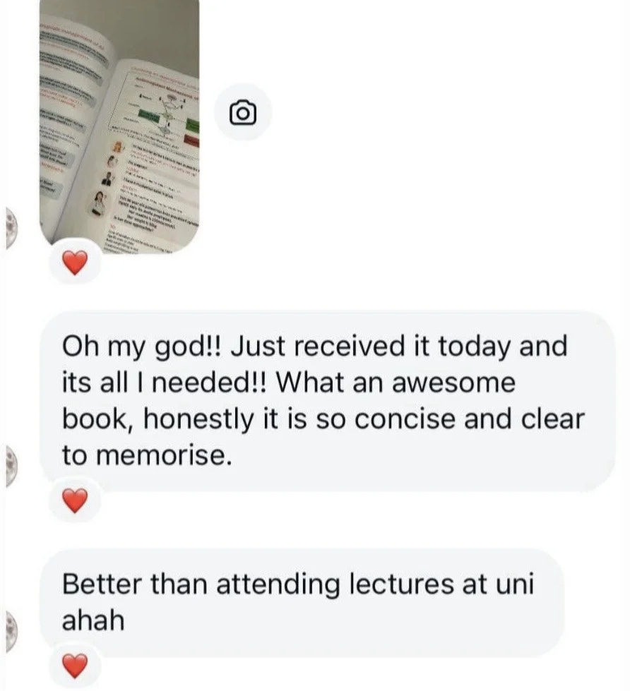 Screenshot of a text conversation, with one message expressing excitement about receiving an educational book and complimenting its clarity, followed by a humorous remark about preferring the book over attending university lectures.