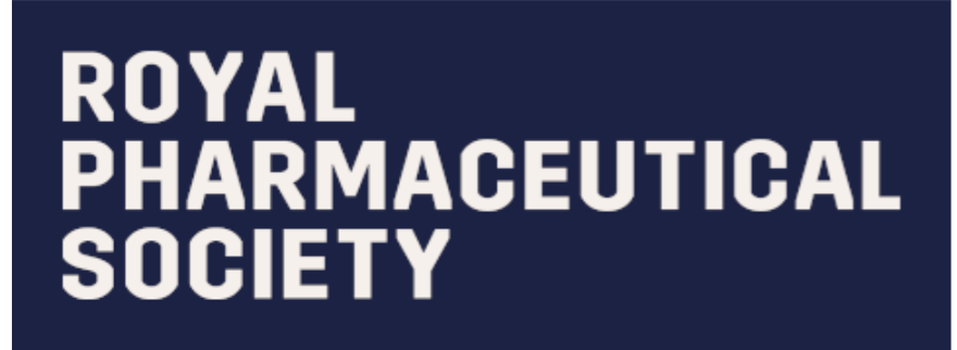 Royal Pharmaceutical Society logo with white text on a navy blue background.