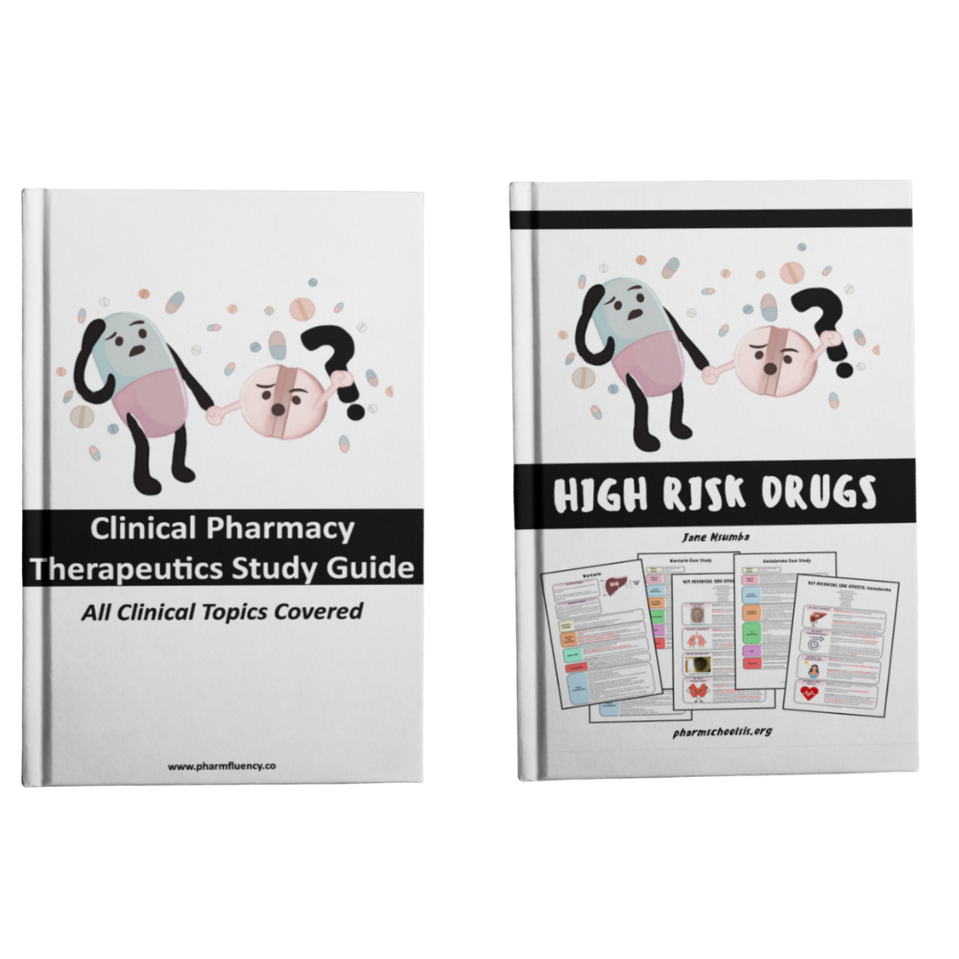 Two books about pharmacy and drugs, featuring cartoon characters with confusion icons on a white background. The first book is titled "Clinical Pharmacy Therapeutics Study Guide" and the second titled "High Risk Drugs."