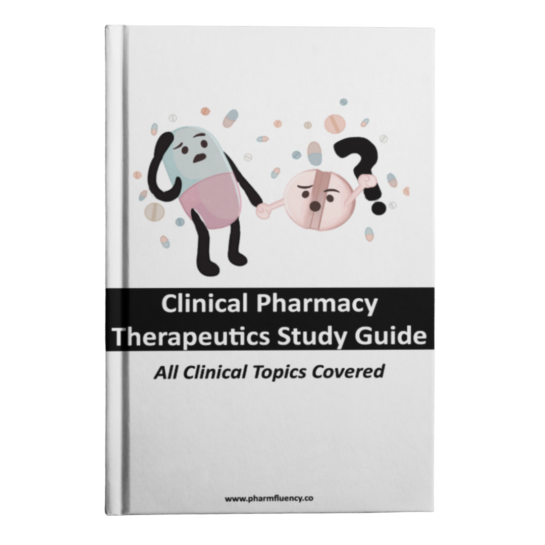 Cover of a clinical pharmacy therapeutics study guide with cartoon pills and tablets, depicting a confused pill and a questioning capsule.