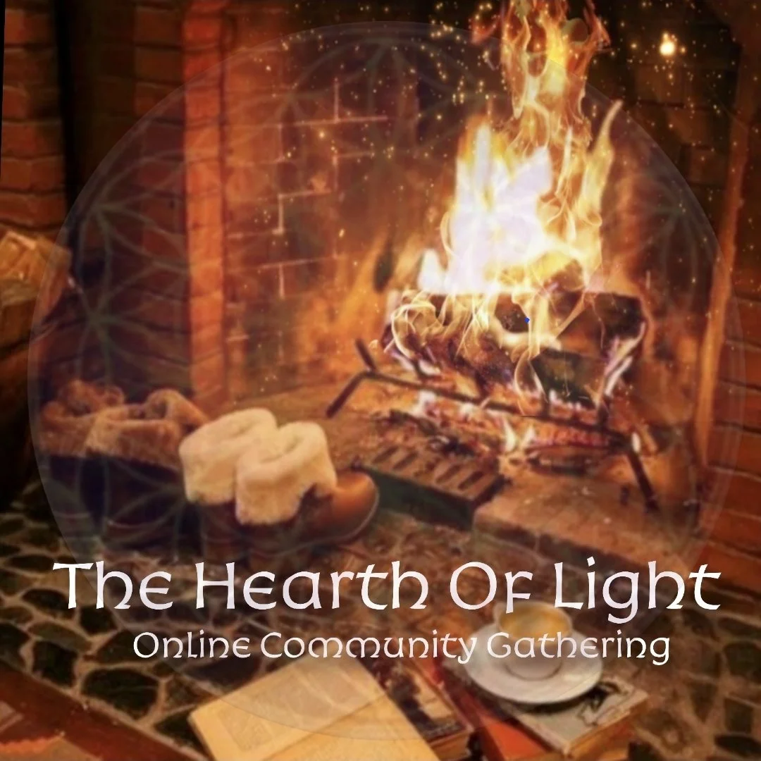 A beautiful burning fires in a fireplace, with boots, a journal and a cup of tea in front of it on the rug. Warm light, overplayed with the magickal flower of life sacred geometry pattern, and the words Hearth of Light, online community gathering.