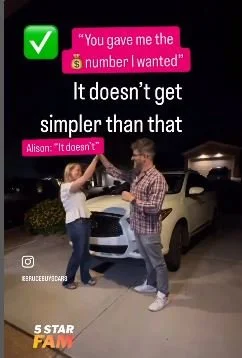 A woman giving a man a small gift or envelope, with a caption expressing excitement, and a man smiling and accepting it. The background shows a parking lot at night with a white car and some outdoor lighting.