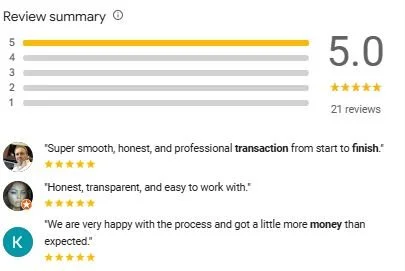 Review summary with a 5.0 rating based on 21 reviews, showing five-star ratings and positive comments from customers praising the service's professionalism, transparency, ease of work, and value.