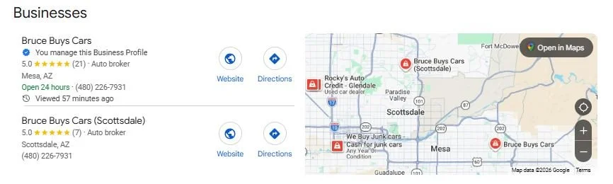 Screenshot of business listings for car dealerships in Mesa and Scottsdale, Arizona, including Bruce Buys Cars, with a map showing their locations.