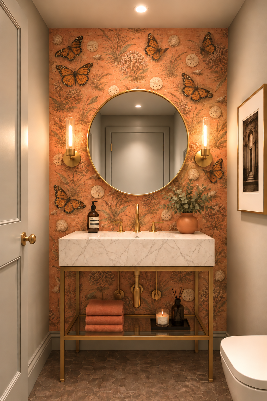 Monarch Butterfly — Monarch Butterfly botanical wallcovering featured as a warm statement treatment in an intimate powder room.