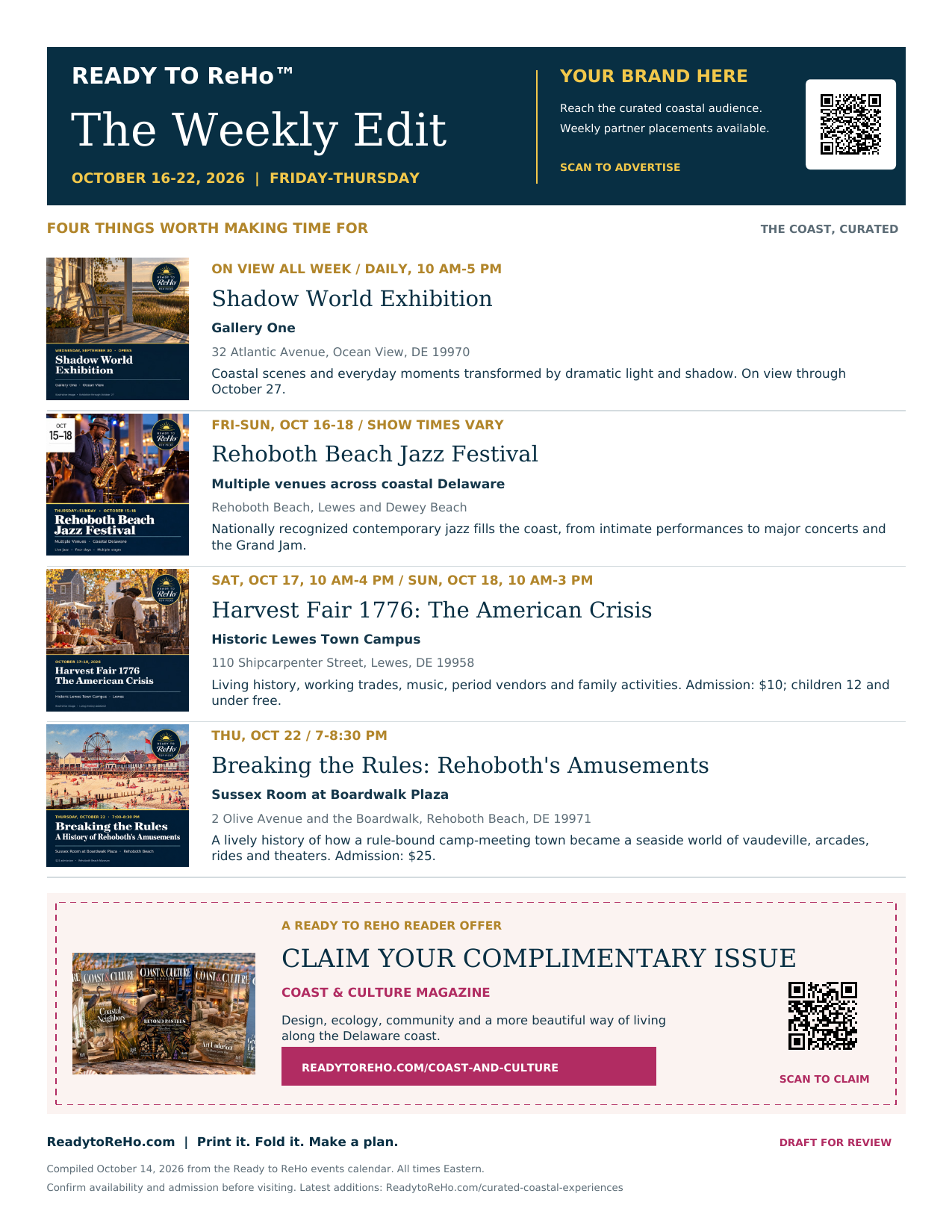 Ready to ReHo Weekly Edit printable guide with curated events and reader offers