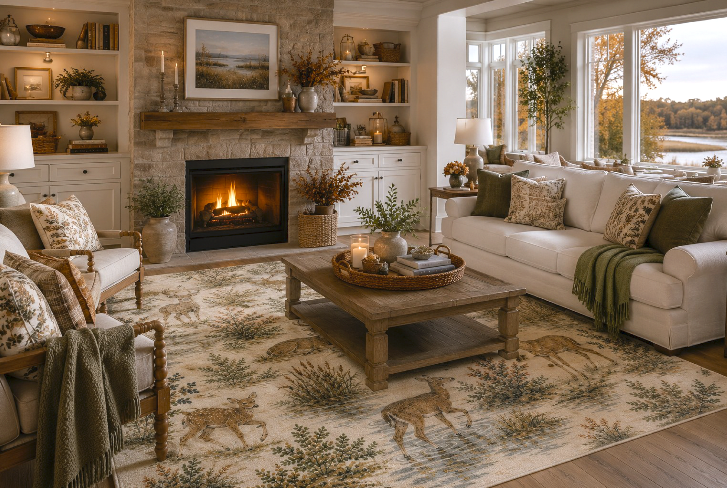 White-tailed Deer — White-tailed Deer wildlife textile featured as a large area rug floor covering in a coastal living space.