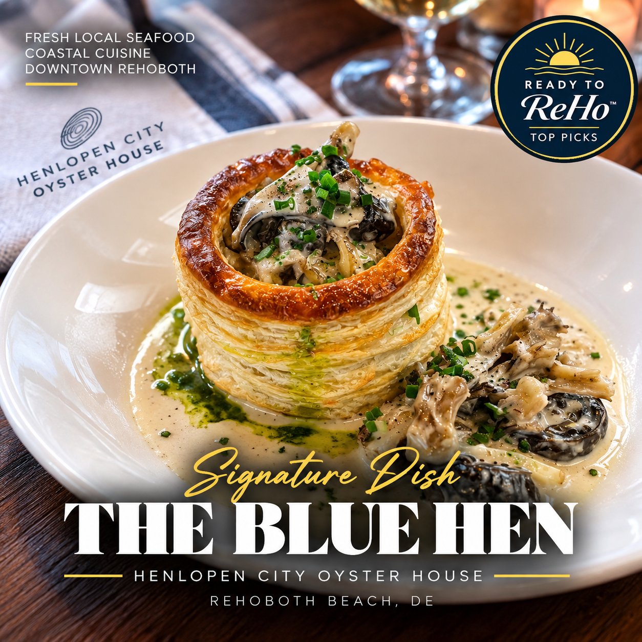Just steps from the boardwalk, The Blue Hen combines modern American cooking with seasonal ingredients and a stylish but welcoming setting. Its menu puts a chef-driven spin on familiar comfort food.