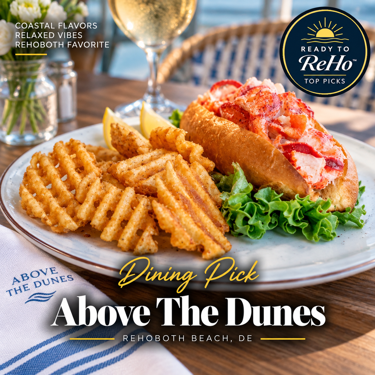 Perched above the boardwalk, Above the Dunes pairs ocean views with a broad seafood-forward menu that ranges from raw-bar selections and lobster rolls to burgers, flatbreads, calamari, and crab cakes. 