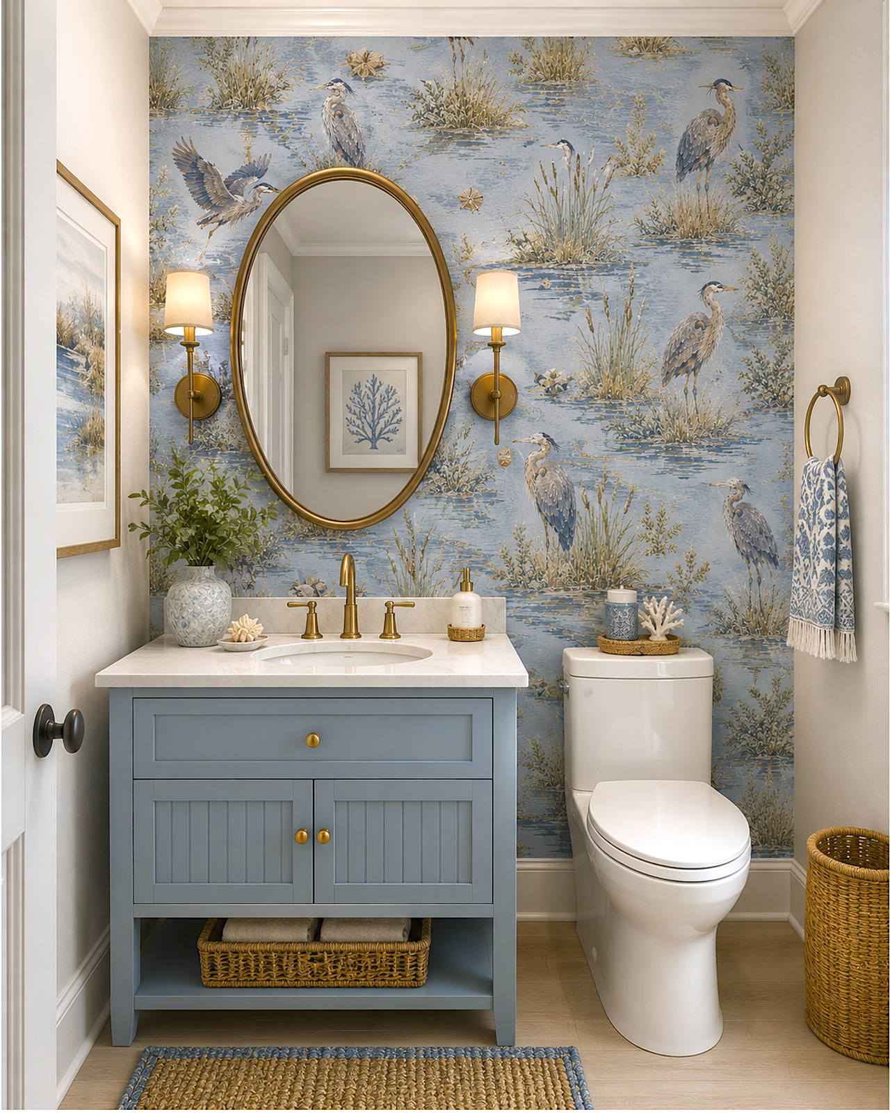 Blue Heron — Blue Heron coastal wallcovering featured as an accent treatment in a refined powder room.