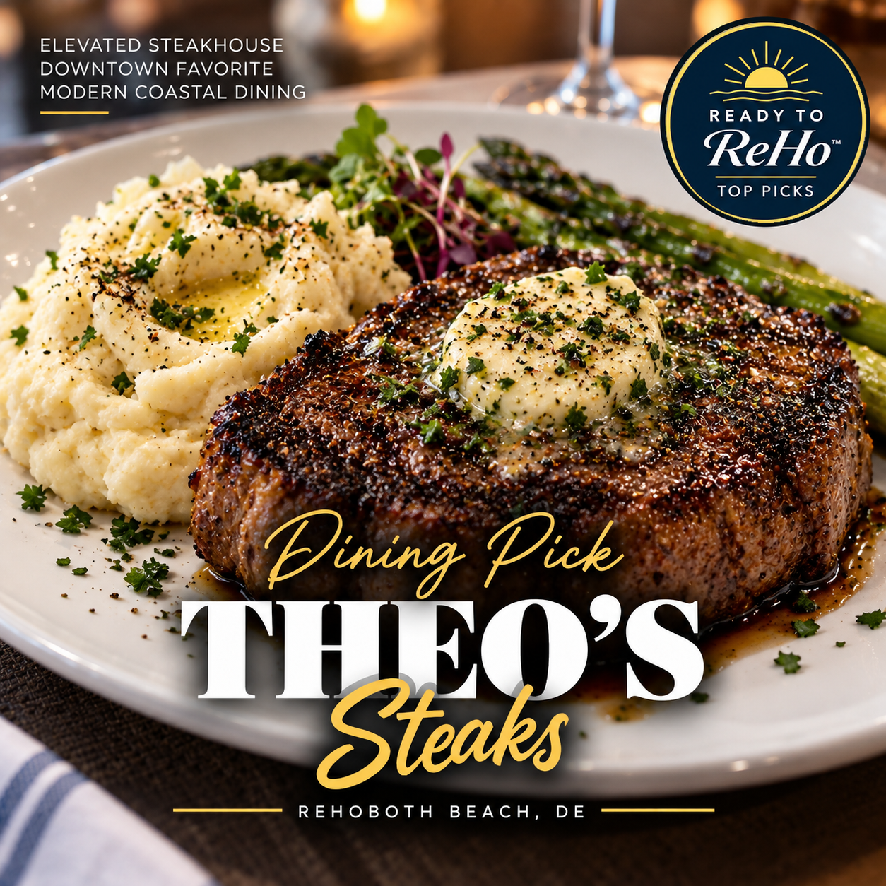 Theo’s brings a modern steakhouse experience to Baltimore Avenue, pairing classic steaks and sides with a stylish setting, outdoor patio, and a menu that incorporates locally sourced ingredients.