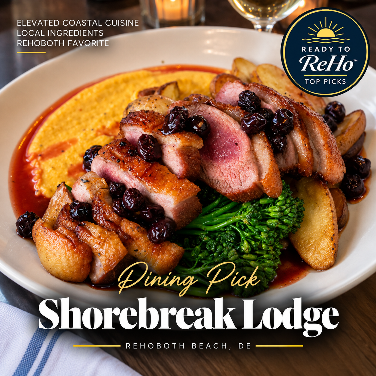 Shorebreak Lodge offers contemporary coastal dining just a block from the ocean, blending modern American cooking with global influences, seasonal ingredients, seafood, and creative small plates.