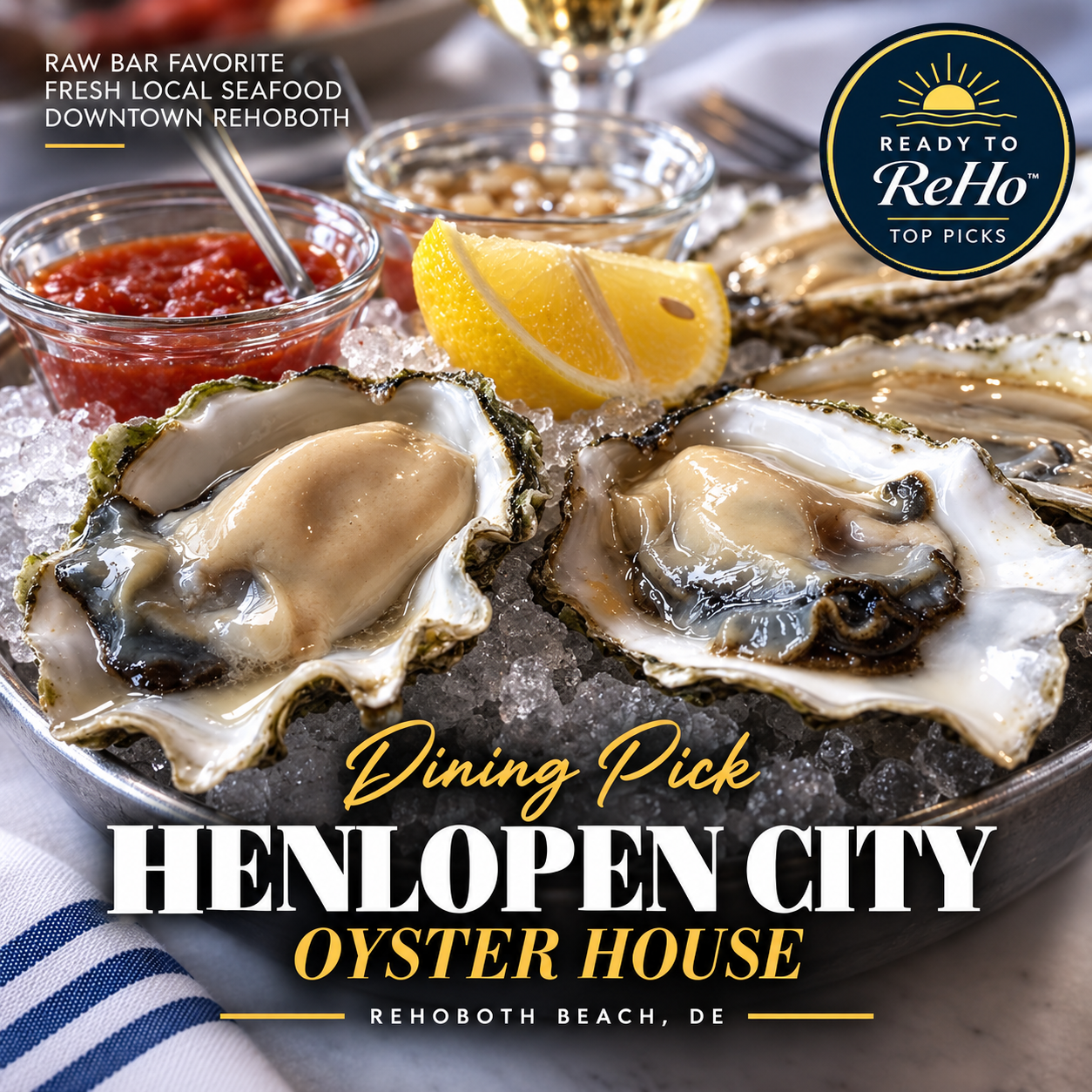 Henlopen City Oyster House is a downtown favorite built around a vibrant raw bar, fresh seafood, locally sourced ingredients, and an easygoing coastal atmosphere. 