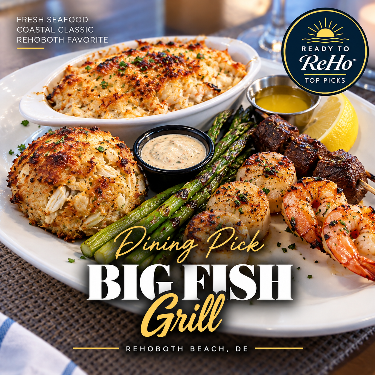 A Rehoboth favorite since 1997, Big Fish Grill is known for fresh seafood, approachable coastal dining, and a relaxed atmosphere that works equally well for visitors and locals. 