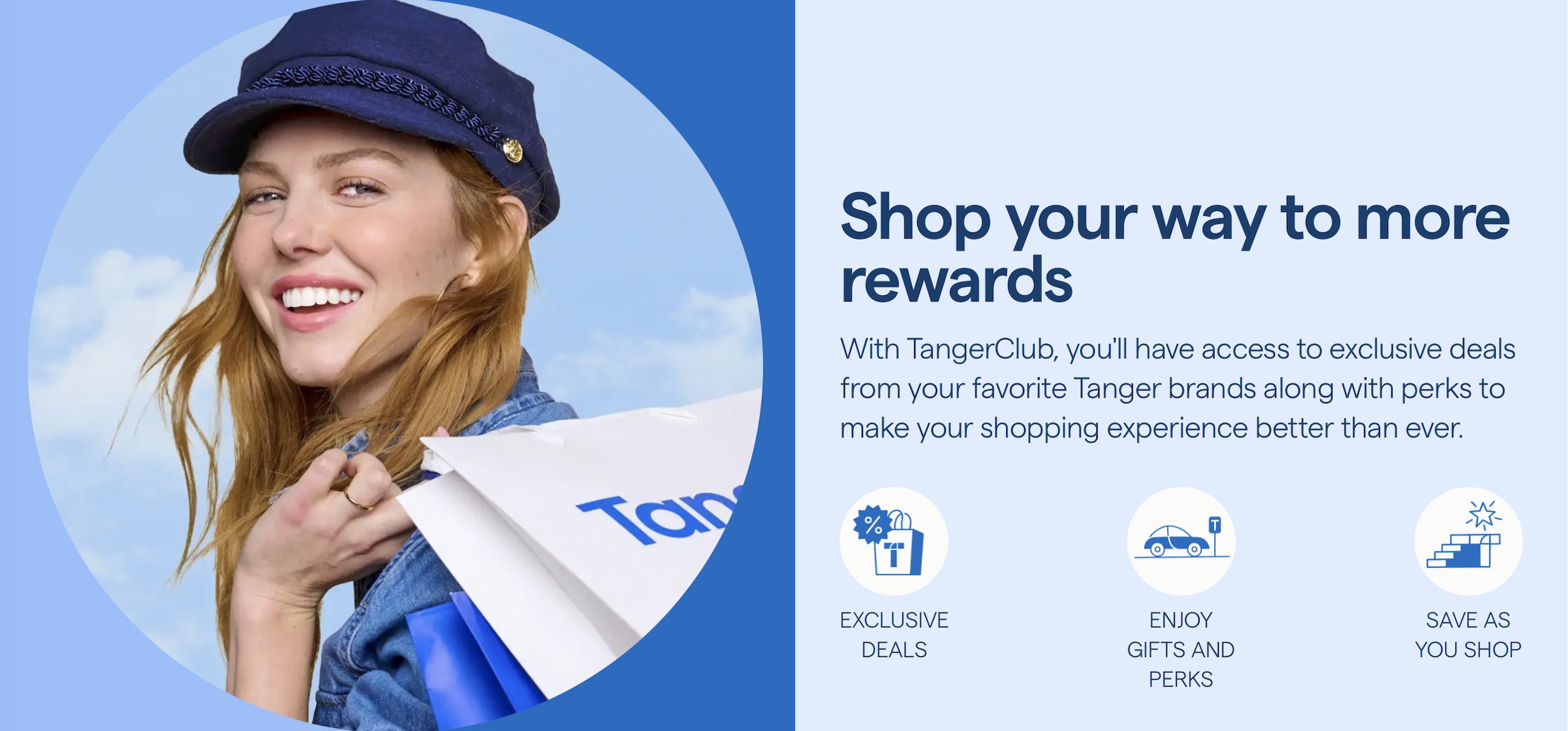 Smiling young woman with long red hair wearing a navy blue cap and denim jacket holding a package from Tanger. Background features a blue sky with clouds and promotional text about Tanger's reward program and deals.