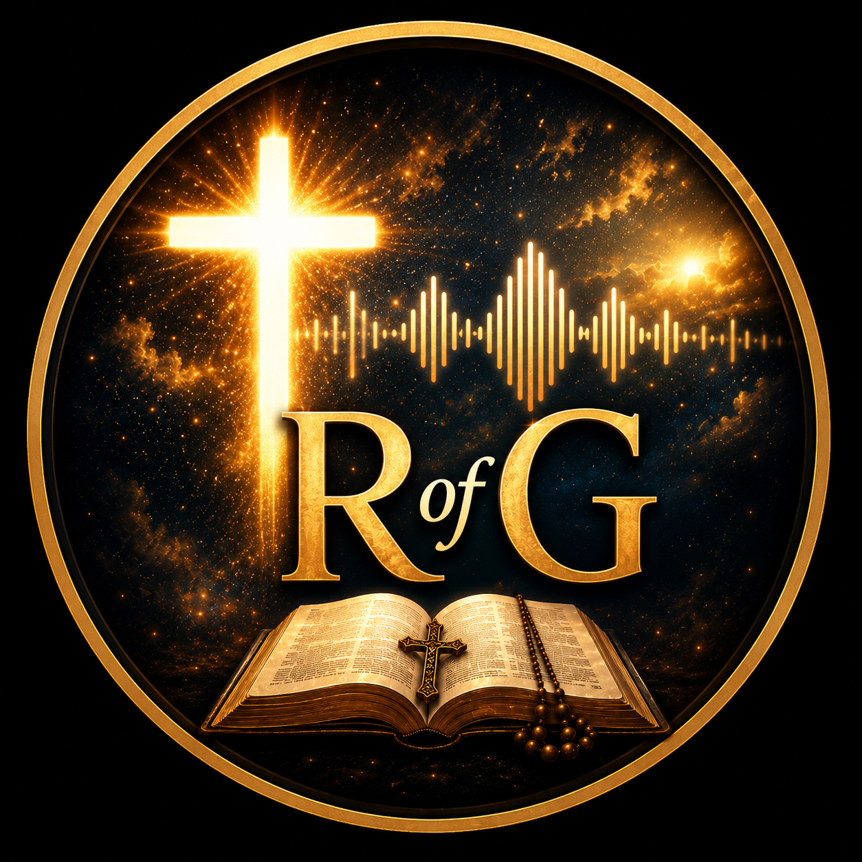 A glowing Christian cross with light radiating behind it, a sound wave graphic, an open Bible with a rosary on top, and the text 'R of G' inside a circular frame with a cosmic background.