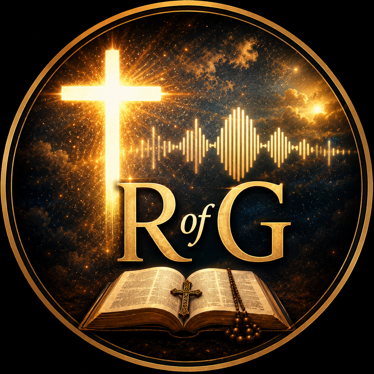 A glowing cross, sound wave graphic, Bible with rosary, and the text 'R of G' in a gold style, set against a cosmic background with stars and clouds.