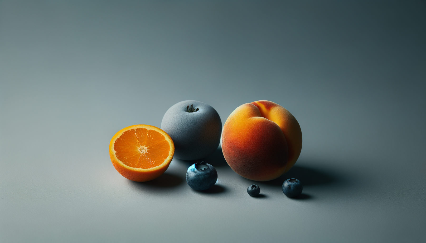 Arrangement of orange, peach, blueberries, and a gray apple on a smooth surface