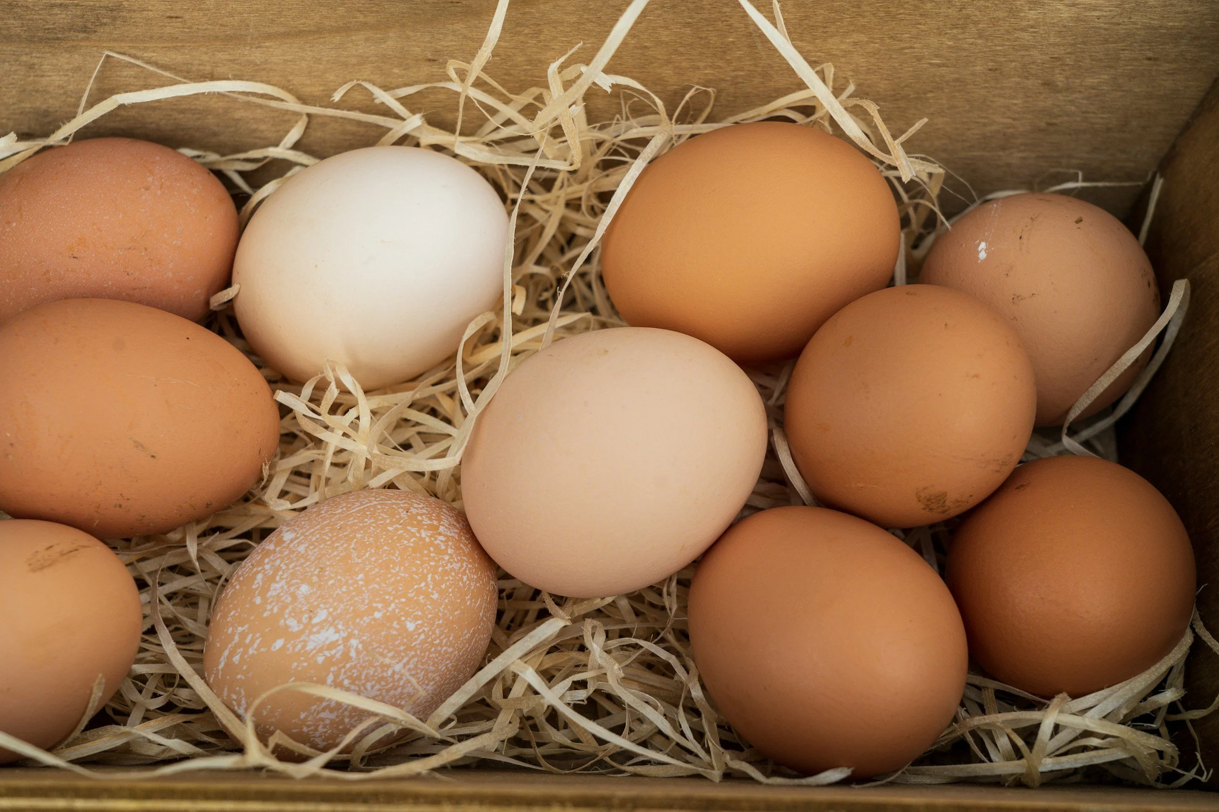 A collection of various eggs in shades of brown and white, resting on shredded paper inside a wooden box.
