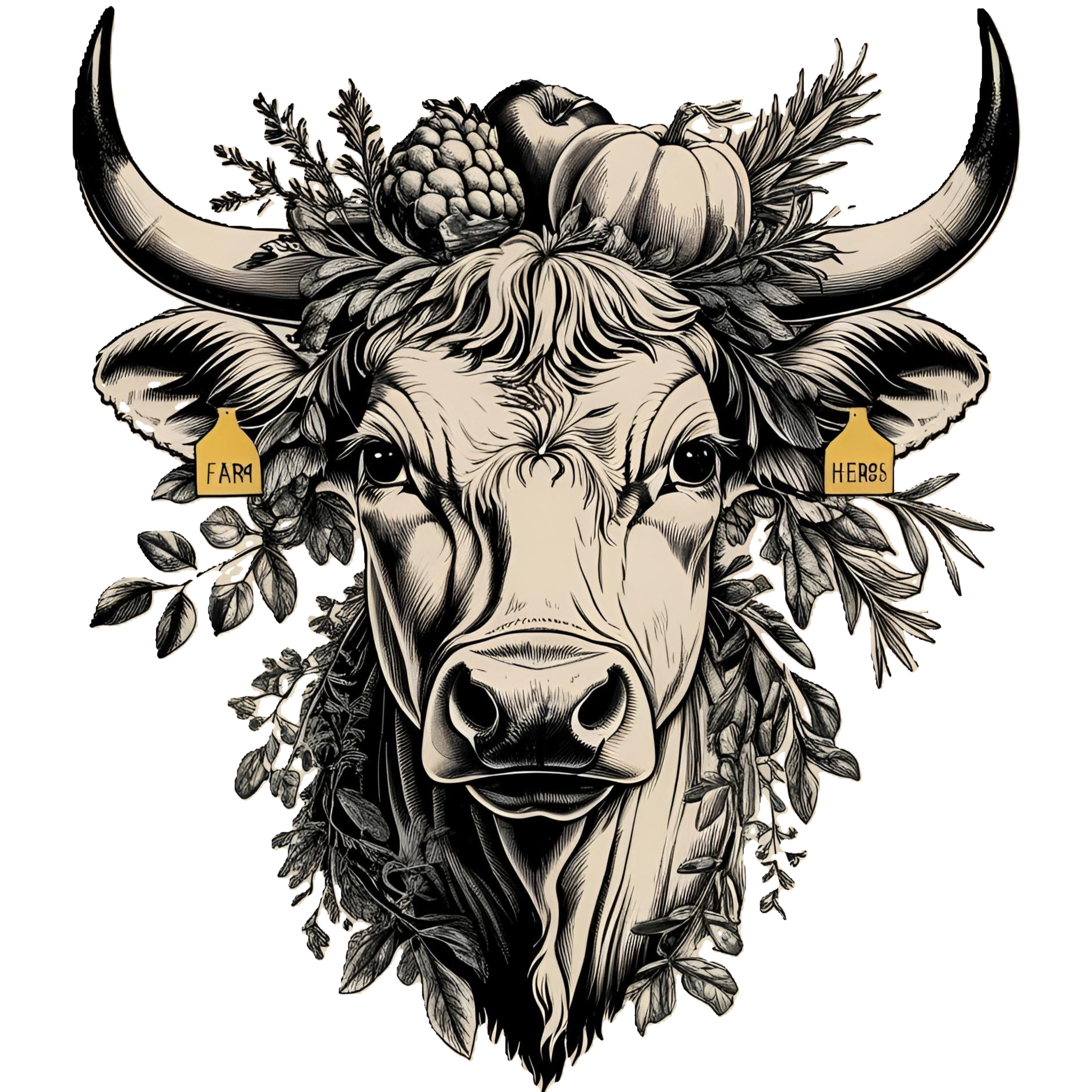 A black and white illustration of a cow's face with large horns, surrounded by leaves and organic farm produce such as pumpkin, berries, and farm tags that read 'FARM' and 'HEROS'.