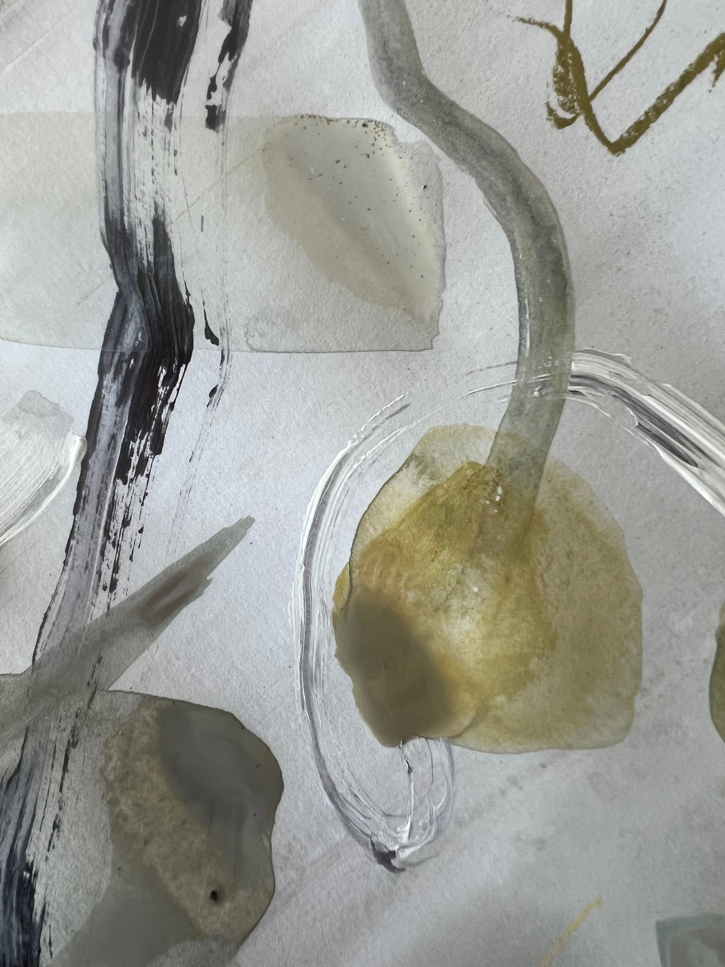 Abstract watercolor painting with black, gray, and yellow-green hues on textured paper.