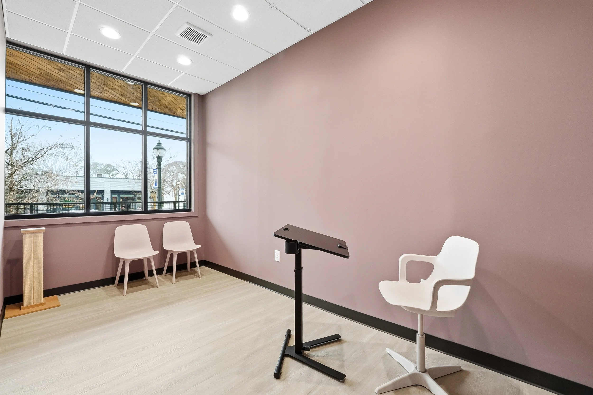 Exam room with large windows, two chairs along the windows, a chair and mobile desk for a team member, and a folding exam table. The walls are painted mauve in this room.