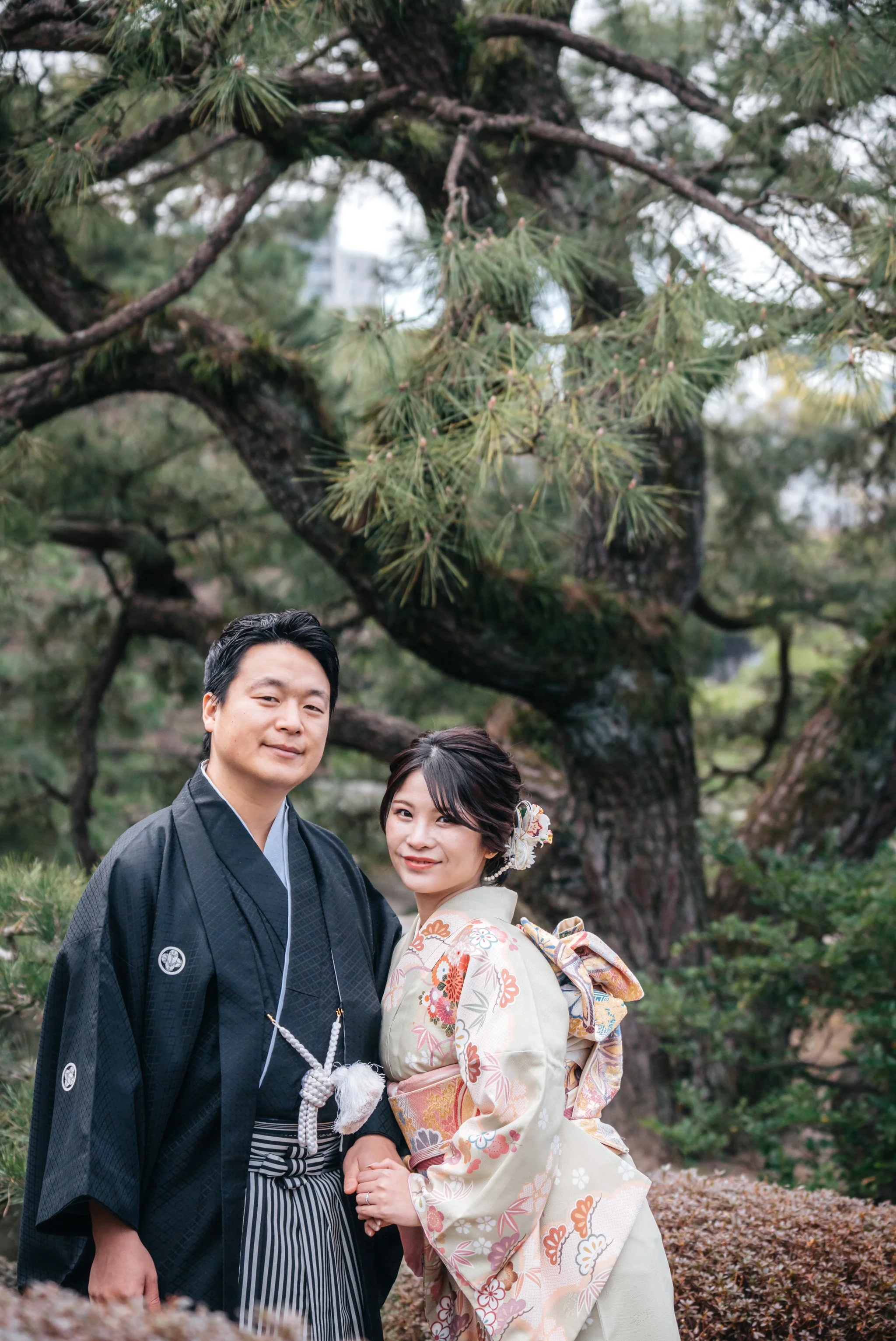 着物を着た男女がお互いに手を取り、木の下に立っている。