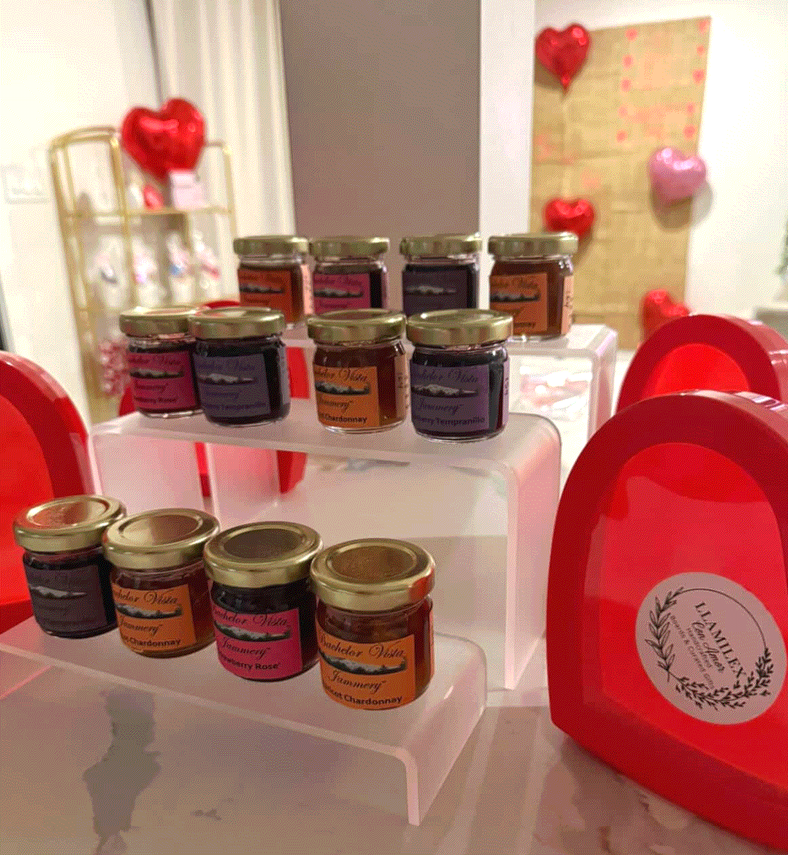 Tiered riser containing jam sampler jars